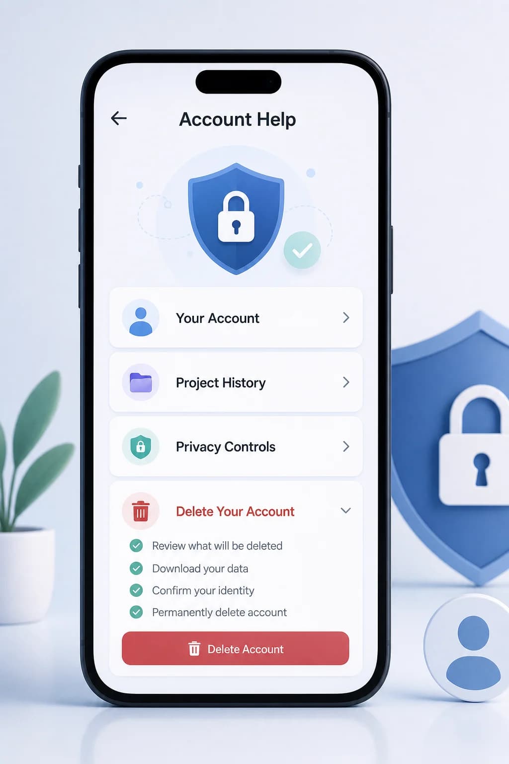 Account, privacy, and deletion help support visual